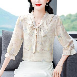 2026夏季新款七分袖时尚衬衫飘带时尚百搭显瘦减龄女装灯笼袖上衣