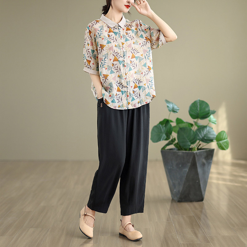 2026新款韩版大码显瘦印花文艺复时髦棉麻夏季衬衫套装女