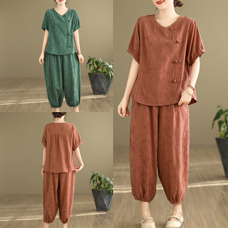 夏季复古时尚棉麻提花套装女宽松显瘦休闲短袖上衣灯笼裤两件套
