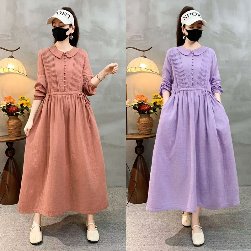 2026春夏棉麻新款大码新中式国风纯色连衣裙
