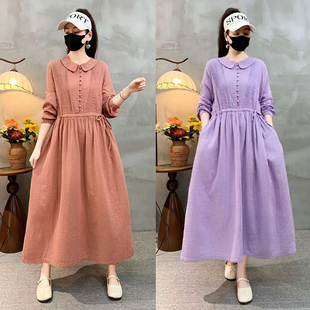 2026春夏棉麻新款大码新中式国风纯色连衣裙