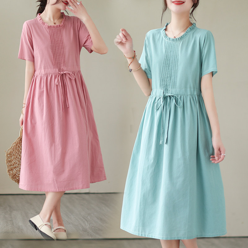 棉麻连衣裙2026夏季文艺圆领压褶中长裙宽松大码A字打底裙