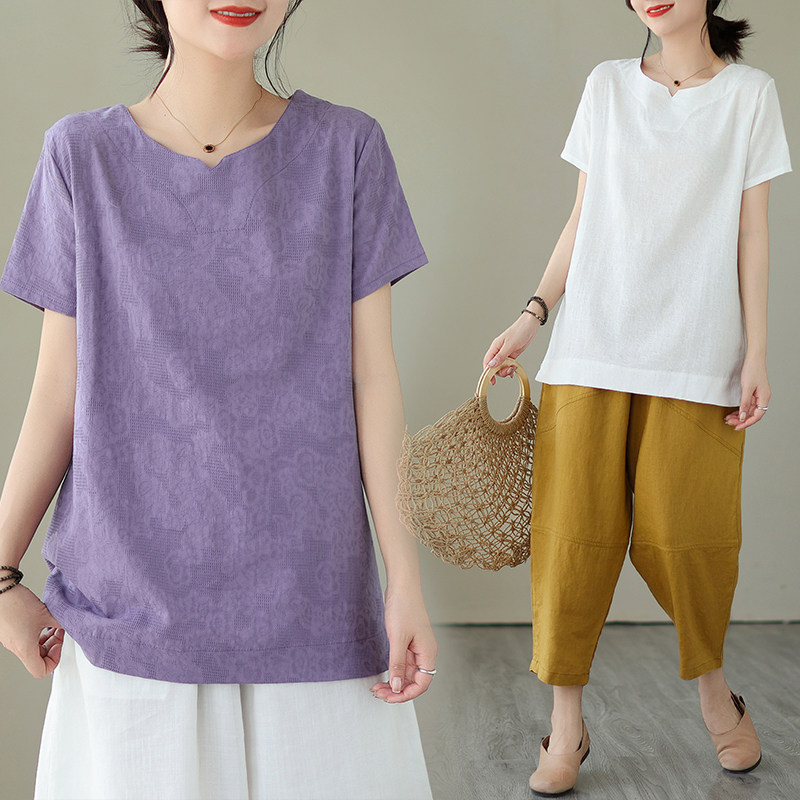 棉麻纯色T恤大码女装2026夏季新款文艺范纯色v领短袖打底