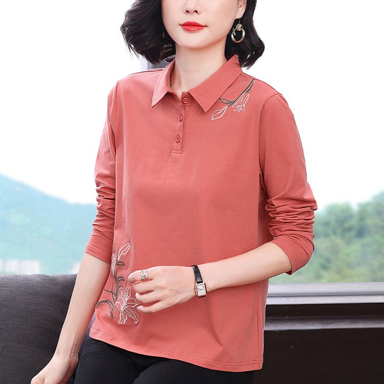 妈妈装2026新款t恤长袖休闲气质中老年时尚洋气上衣百搭刺绣翻领