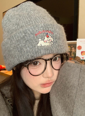 原创含羊毛刺绣小狗帽子女冬季