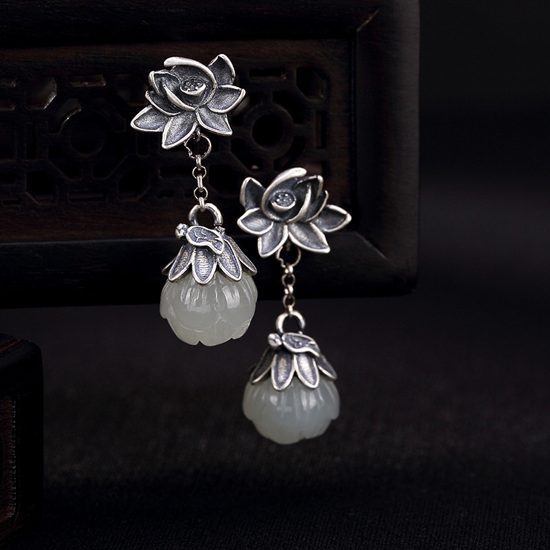 出来承悦莲花白玉短款复古风耳夹