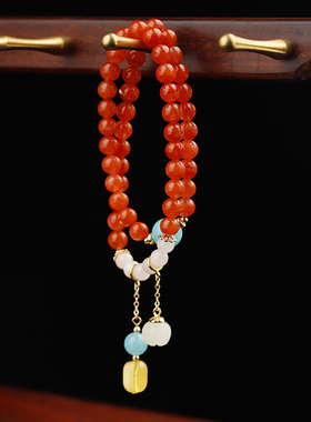承悦 南红玛瑙双圈手串 樱桃红手链 和田玉莲花吊坠 天河石