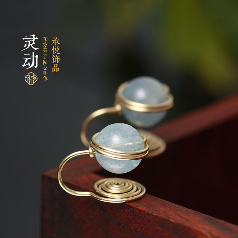 承悦天然海蓝宝耳夹14K金包金浅蓝色假耳环宝石小清新耳钉防过敏