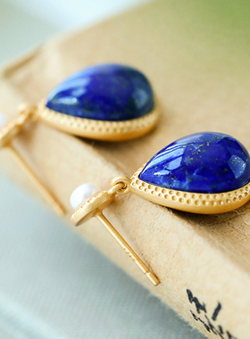 承悦 就喜欢蓝色 纯银青金石耳钉 高级感珍珠水滴短耳坠 无痛耳夹