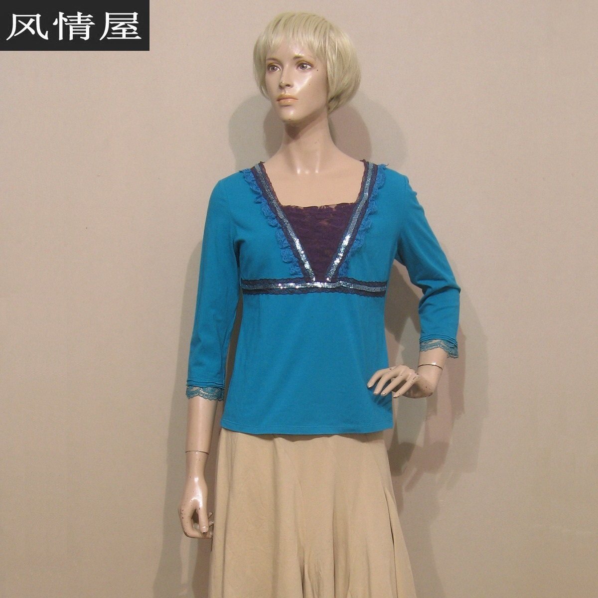 女装迪妮蓝绿色棉质针织中袖T恤弹力夏款休闲套头衫专柜正品