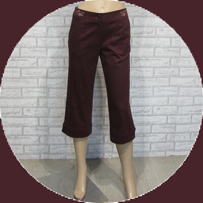 韩国原产女装安乃酒红色棉质中裤冬季靴裤加厚拉绒绣花中腰弹力