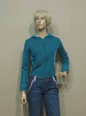 女装迪妮DBNI蓝绿色拉链连帽长袖针织上衣专柜正品低价销售