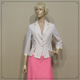 休闲上衣低价销售 春夏季 女装 依兰ELANIE样衣杏色条纹西便装