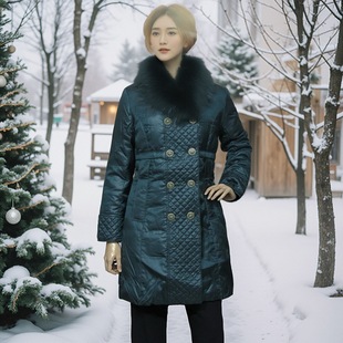 女装精品绿色羽绒服冬季保暖加厚中长款貉子毛领修身精致做工超值