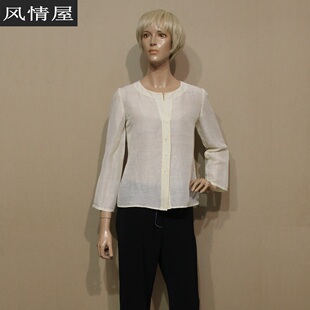 品牌公司样衣女装浅黄色真丝长袖圆领衬衫夏季桑蚕丝面料低价销售