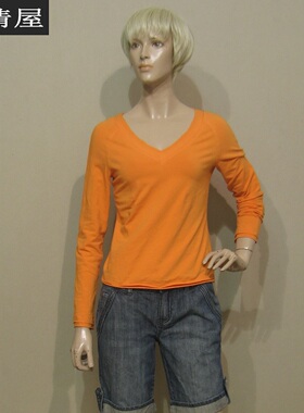 女装迪妮样衣橙色长袖棉针织T恤V领春秋季弹力显瘦衬肤色