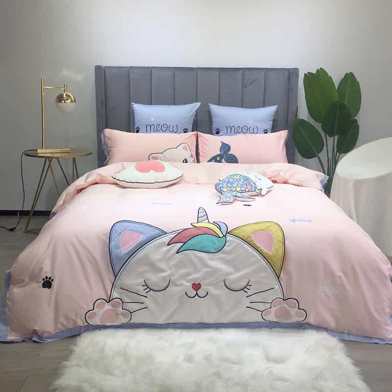 unicorn Cotton Embroidery Cartoon lovely Four piece suit pure cotton Princess wind 1.8m sheet Quilt cover beddingin the Bedclothes , Bedding Sets/Family of four/Multiple sets of  category - from Buy2taobao.com to provide professional Taobao agent buy service