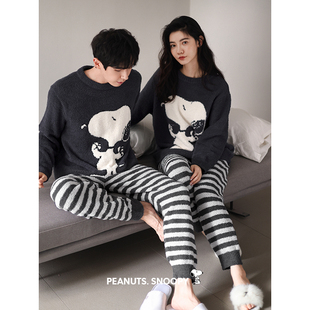 珊瑚绒情侣睡衣秋冬保暖半边绒长袖 史努比贝妍宽松男女家居服套装