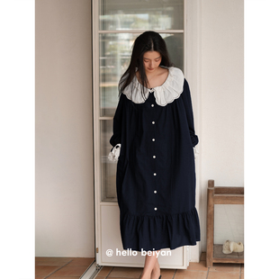 贝妍柔软莫代尔棉睡衣女长袖春秋季开衫大码睡裙法式中长款连衣裙