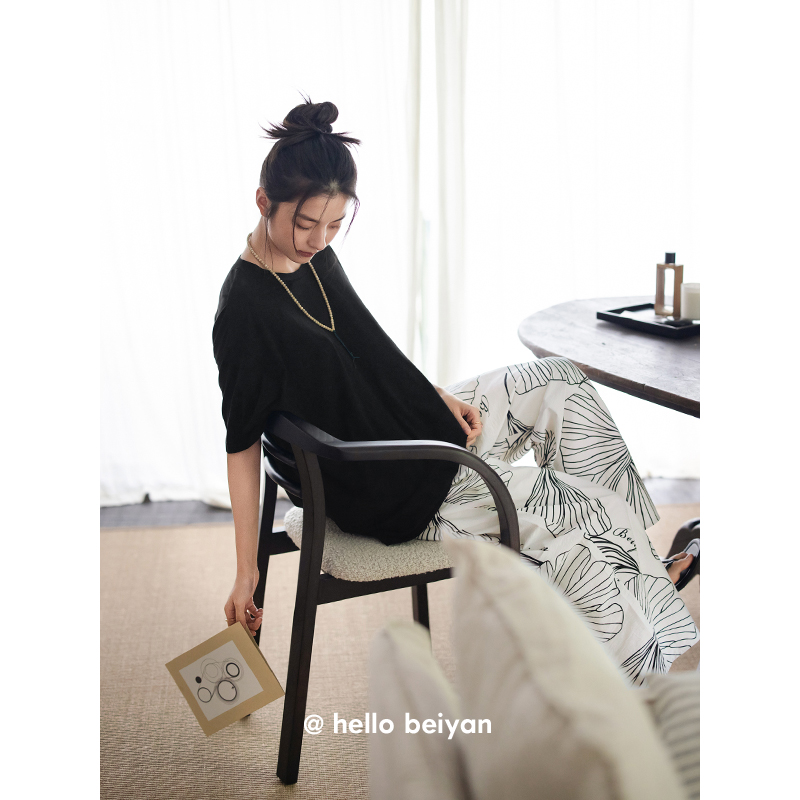 贝妍可外穿圆领睡衣家居服女夏宽松休闲薄款莫代尔棉短袖长裤套装