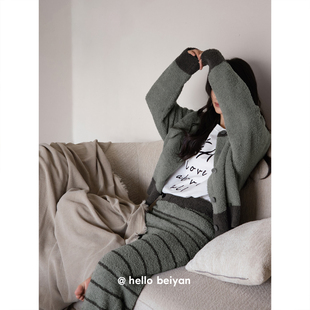 保暖半边绒家居服可外穿圆领套装 珊瑚绒睡衣女款 开衫 时尚 秋冬季