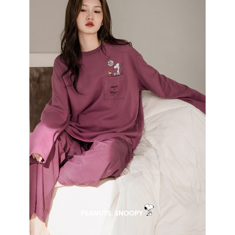 睡衣女春秋季圆领柔软棉质家居服图片