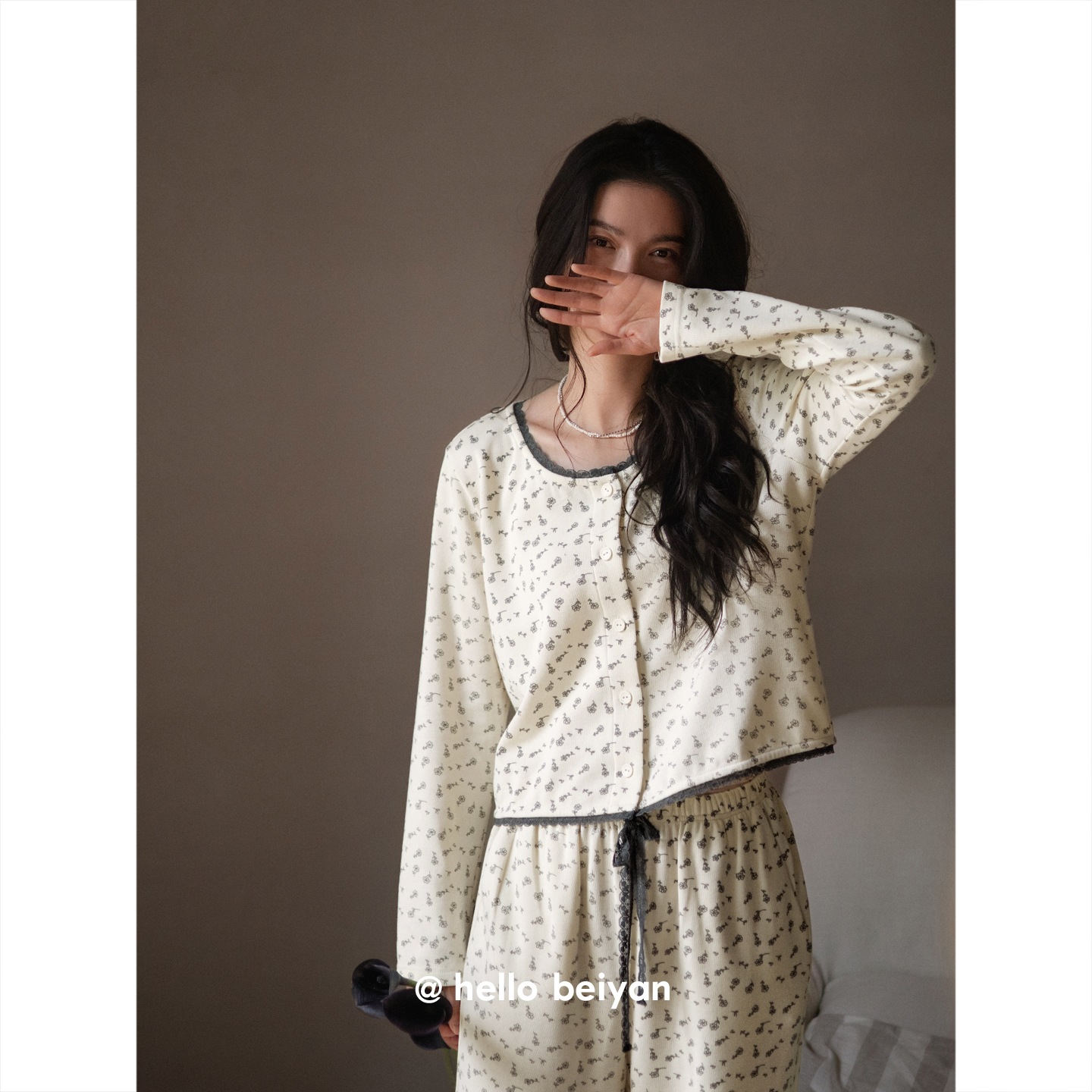 贝妍莫代尔棉睡衣女春秋款长袖开衫家居服时尚甜美碎花田园风套装
