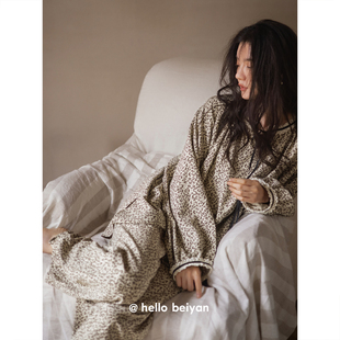 长袖 贝妍莫代尔棉女士睡衣春秋新款 可外穿大码 豹纹套装 家居服 时尚