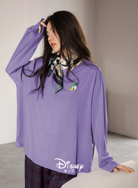 迪士尼紫色长袖睡衣女春秋新款卡通家居服宽松柔软棉套装格子长裤