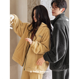 休闲套装 宽松大码 保暖珊瑚绒家居服可外穿高领男女款 情侣睡衣冬季