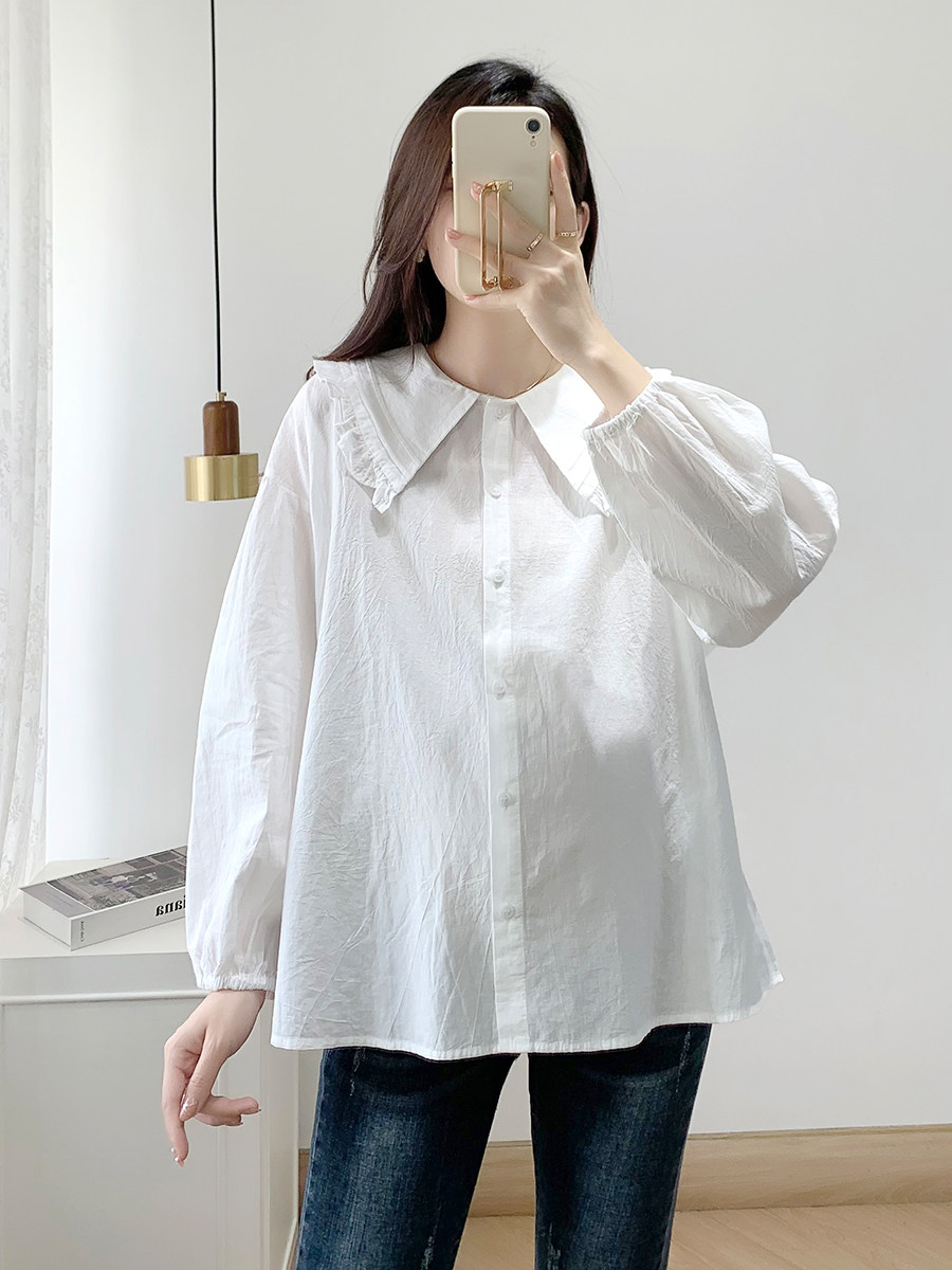 MATERNITY SHIRT SPRING AND AUTUMN CLOTHES PLUS SIZE LONG SLEEVE BABYDOLL COLLAR WHITE TOP LOOSE LAPEL BABYDOLL SHIRT BASE SHIRT