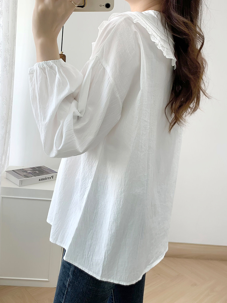 MATERNITY SHIRT SPRING AND AUTUMN CLOTHES PLUS SIZE LONG SLEEVE BABYDOLL COLLAR WHITE TOP LOOSE LAPEL BABYDOLL SHIRT BASE SHIRT