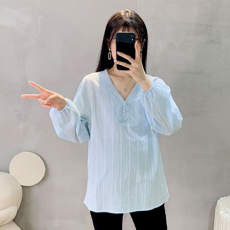 출산 봄 가을 셔츠 긴팔 순수 코튼 V 넥 레이스 대형 루즈 다용도 탑 한국 스타일 패션베이스 셔츠