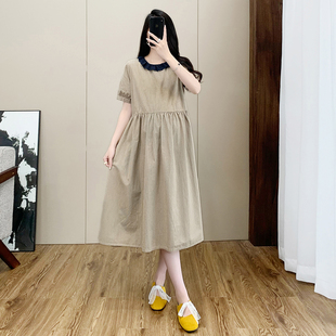 孕妇连衣裙夏装新款时尚洋气宽松大码法式短袖裙孕期格子夏季女裙