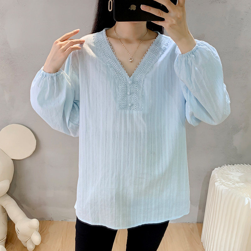 출산 봄 가을 셔츠 긴팔 순수 코튼 V 넥 레이스 대형 루즈 다용도 탑 한국 스타일 패션베이스 셔츠