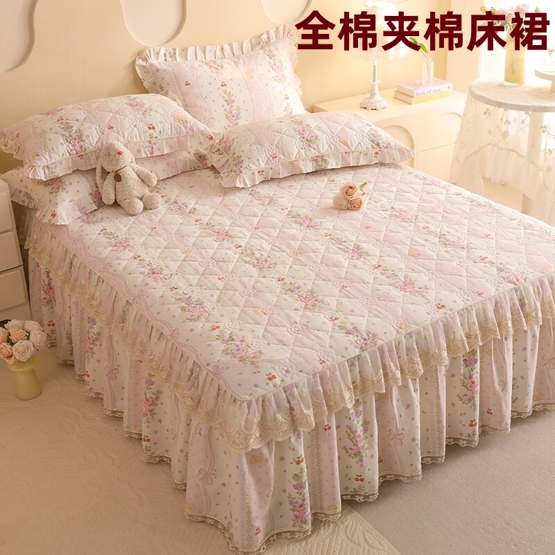 全棉夹棉床裙款单件双人田园风纯棉防滑床垫保护罩四季通用