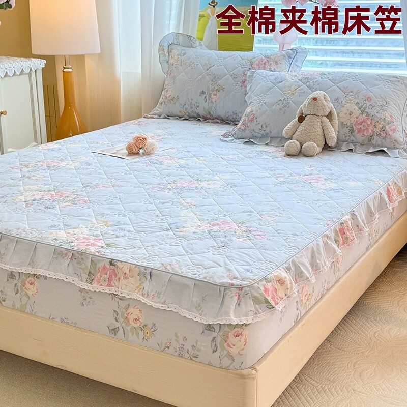 新款100%全棉夹棉床笠单件花边款