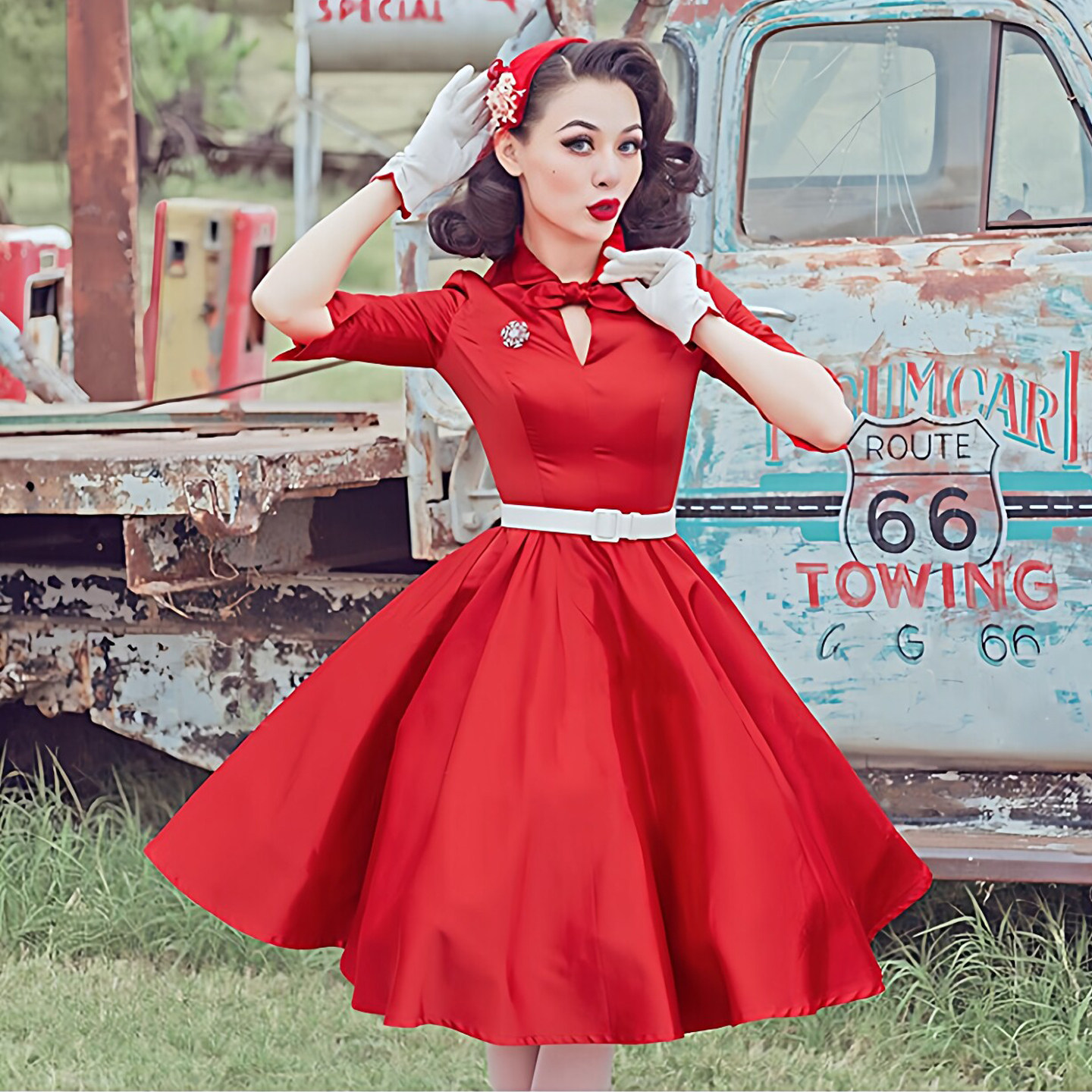 复古气质红色大摆连衣裙女小个子订婚宴会礼服公主蓬蓬裙简单大方