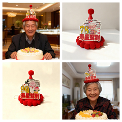 寿公寿婆567890岁寿宴老年毛球生日帽海报横帽背景布置蛋糕装饰