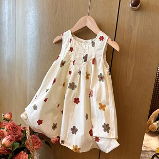 女宝宝夏日连衣裙2026韩版女童碎花印花抽折小清新森系无袖背心裙