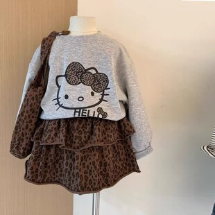 女宝宝春季套装2026女童甜酷风KT猫咪豹纹印花长袖卫衣蛋糕裙套装