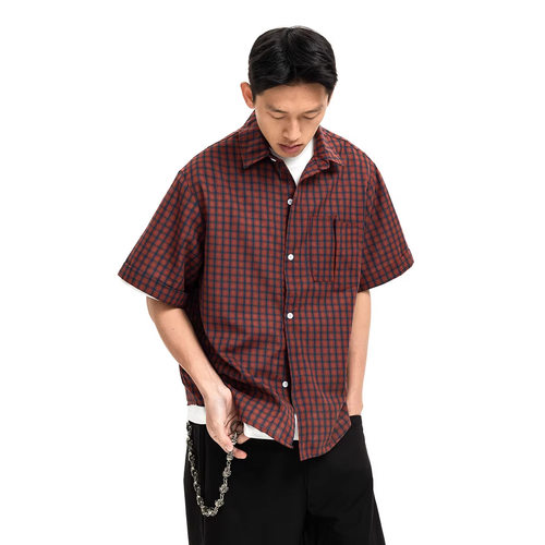 south life夏季日系百搭复古衬衣格纹衬衫男女短袖衬衫潮牌格子衫