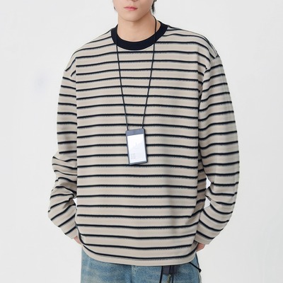 south life 秋季百搭日系条纹长袖T恤男士圆领休闲打底衫潮流情侣