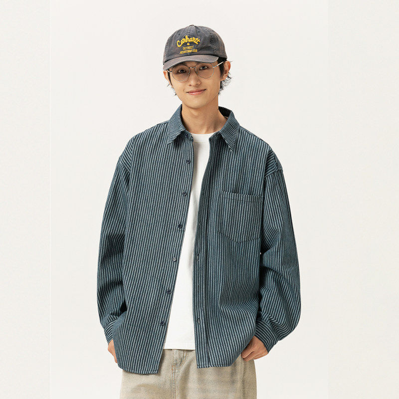 south life秋季复古蓝条纹长袖衬衫竖格子polo领休闲外套衬衫男女