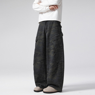 south life美式复古磨旧弯刀迷彩工装裤男女潮牌多口袋褶皱休闲裤