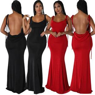 dress 歐美性感連衣裙夜店露背禮裙純色綁帶性感長裙 sexy women