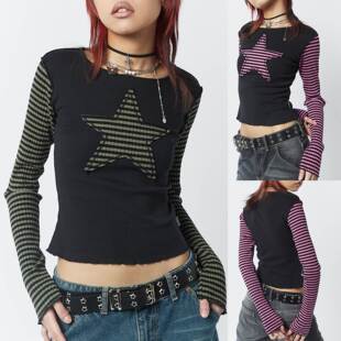 Women's Striped Long Sleeve Stitching T-shirt Five-pointed