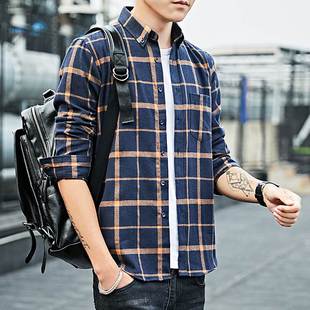男士 plaid Long Sleeve Casual flannel shirt 衬衫 Men Shirts