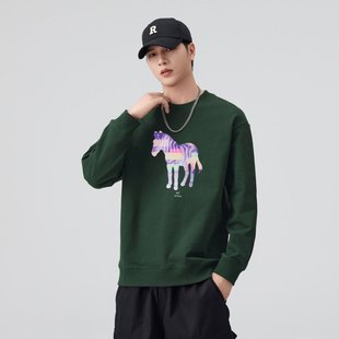 正品马图案男士卫衣圆领无帽纯棉100%全棉无静电宽松休闲绿色上衣