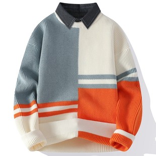 男生毛衣假两件最新款2025爆款冬季针织衫青少年高中生拼色毛线衣